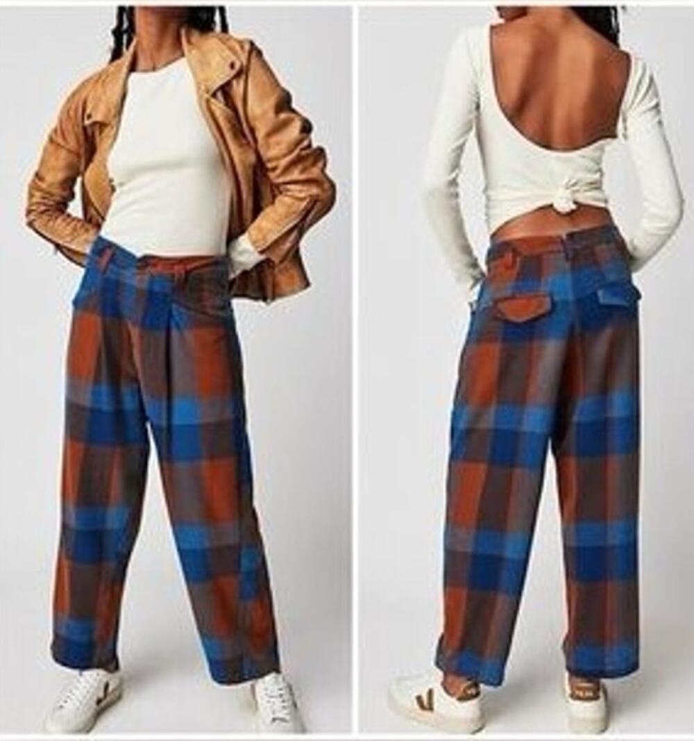 Free People Cass Slouch Plaid Trousers Size 4 NWOT Dark Academia Grandpacore